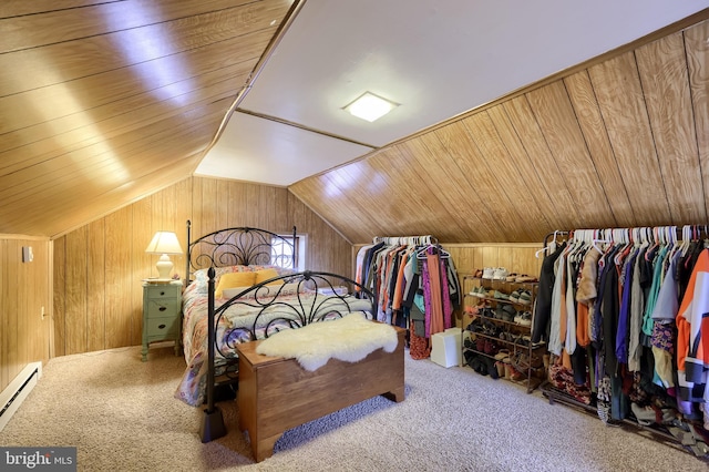 246 Marietta Ave, Mount Joy, PA 17552 - carpeted bedroom with a baseboard heating unit, wood walls, vaulted ceiling, and wood ceiling