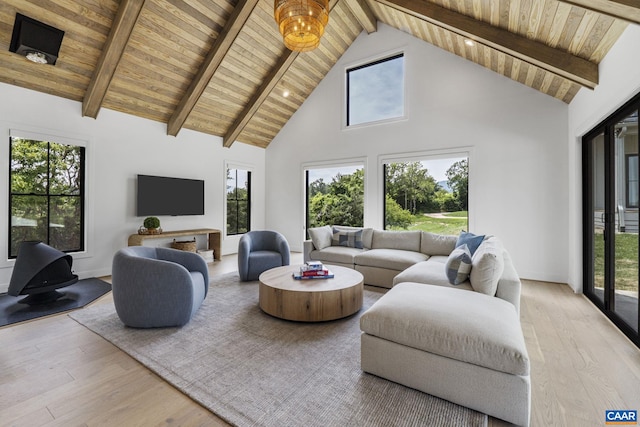 310 Goodloe Ln, Afton, VA 22920 - living area with high vaulted ceiling, a wood ceiling with exposed beams, and light wood-type flooring