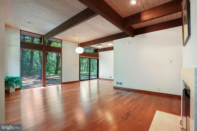 709 Springloch Rd, Silver Spring, MD 20904 - unfurnished living room featuring a wood ceiling with exposed beams, a fireplace with flush hearth, wood finished floors, and a wall of windows