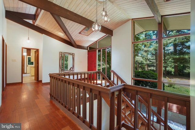 709 Springloch Rd, Silver Spring, MD 20904 - hall featuring an upstairs landing, a wood ceiling with exposed beams, high vaulted ceiling, and hardwood / wood-style flooring