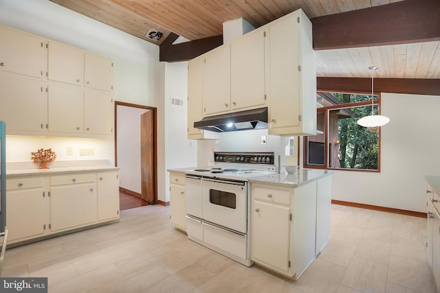 709 Springloch Rd, Silver Spring, MD 20904 - kitchen featuring white electric range, under cabinet range hood, wooden ceiling, cream cabinets, and decorative light fixtures