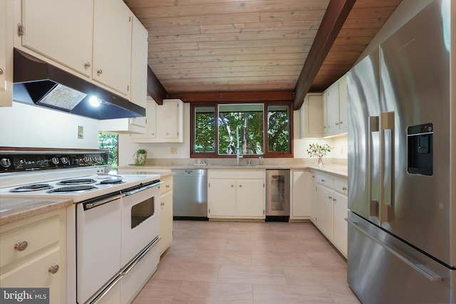 709 Springloch Rd, Silver Spring, MD 20904 - kitchen with appliances with stainless steel finishes, under cabinet range hood, wine cooler, wooden ceiling, and light countertops
