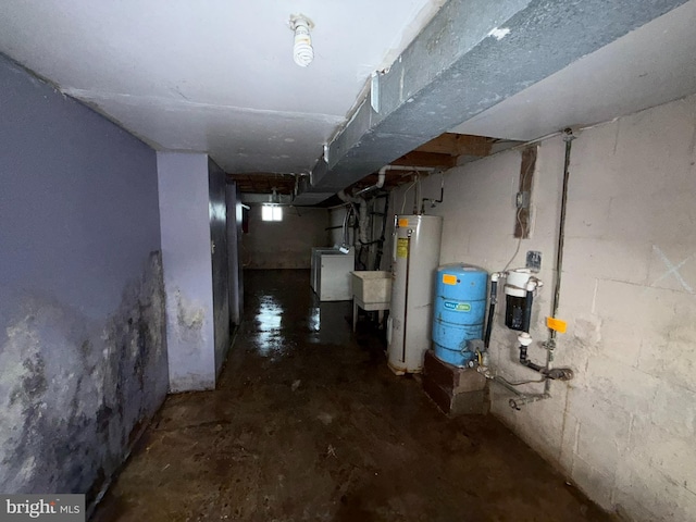 2865 Chambersburg Rd, Gettysburg, PA 17325 - unfinished basement featuring water heater, a water pressure tank, washer / dryer, and concrete block wall