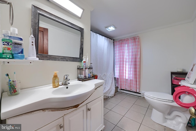 305 N Market St, Elizabethtown, PA 17022 - full bathroom featuring a baseboard heating unit, vanity, tile patterned floors, and a shower with curtain