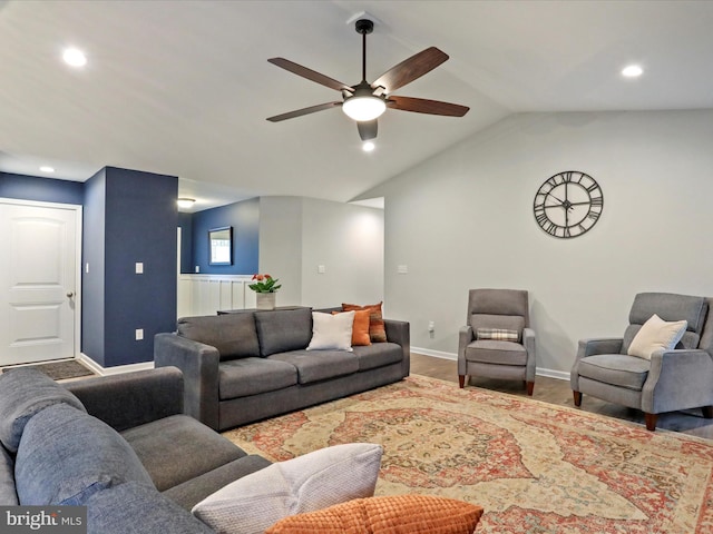 443 Executive Way, Hedgesville, WV 25427 - living room featuring ceiling fan, vaulted ceiling, recessed lighting, and wood finished floors