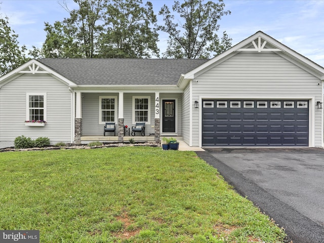 443 Executive Way, Hedgesville, WV 25427 - ranch-style home with covered porch, driveway, a garage, a front lawn, and roof with shingles