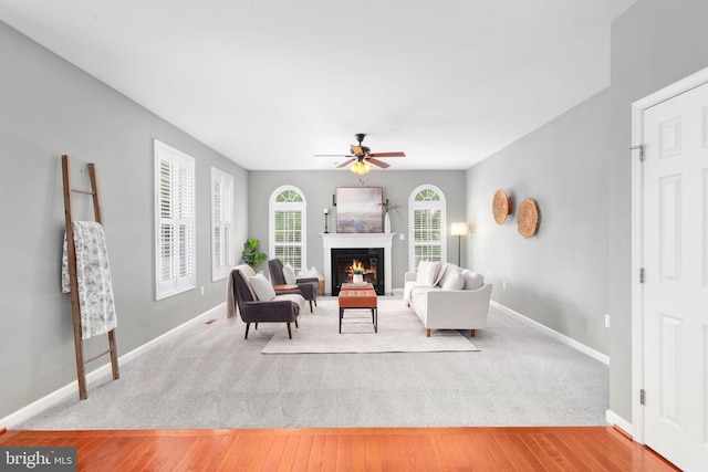 173 Empress Alexandra Pl, Fredericksburg, VA 22406 - living area with a ceiling fan, light wood-type flooring, and a lit fireplace