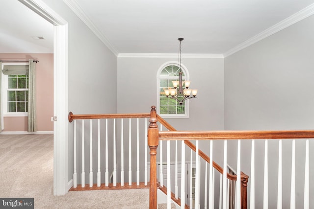 173 Empress Alexandra Pl, Fredericksburg, VA 22406 - stairway with carpet floors, a chandelier, and ornamental molding