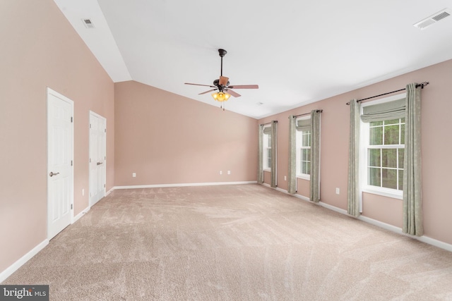 173 Empress Alexandra Pl, Fredericksburg, VA 22406 - empty room featuring a ceiling fan, light carpet, and lofted ceiling