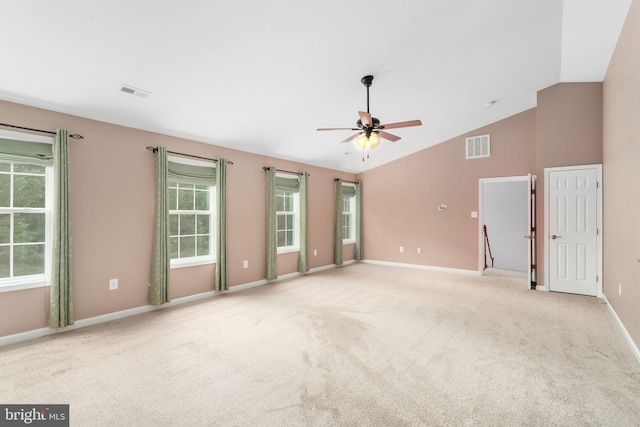 173 Empress Alexandra Pl, Fredericksburg, VA 22406 - empty room with ceiling fan, light colored carpet, and high vaulted ceiling