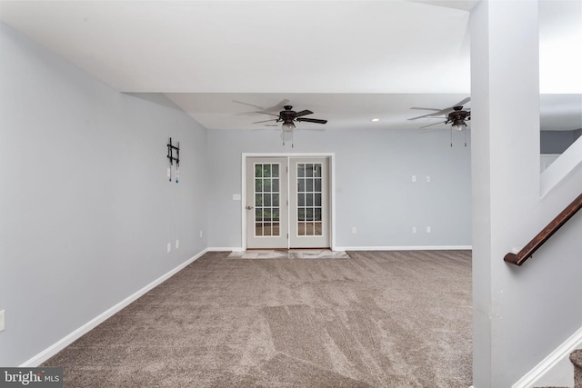 173 Empress Alexandra Pl, Fredericksburg, VA 22406 - empty room with ceiling fan, carpet, stairway, and french doors