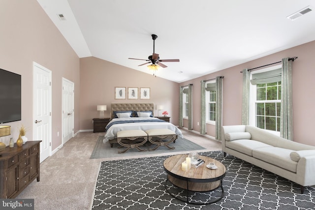 173 Empress Alexandra Pl, Fredericksburg, VA 22406 - bedroom featuring light colored carpet, vaulted ceiling, and ceiling fan