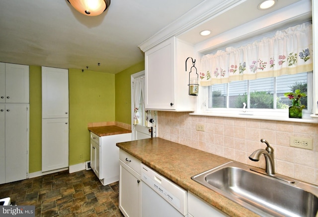 2228 Hillthorpe Ave, Abington, PA 19001 - kitchen with white dishwasher, backsplash, white cabinets, stone finish flooring, and recessed lighting
