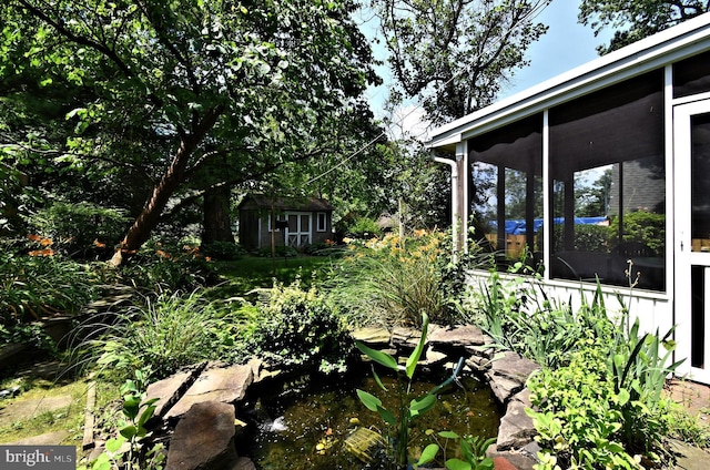 2228 Hillthorpe Ave, Abington, PA 19001 - view of yard with a storage shed, a small pond, and a sunroom