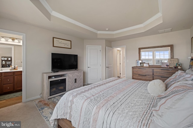213 Dalton, Woolwich Twp, NJ 08085 - bedroom featuring a raised ceiling, ornamental molding, light colored carpet, and connected bathroom