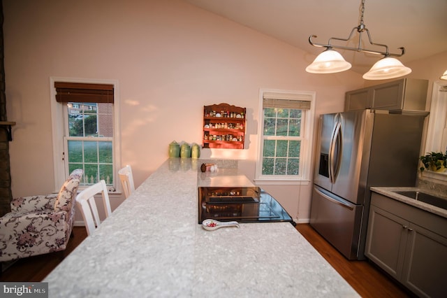 110 Jamestown Rd, Front Royal, VA 22630 - kitchen with stainless steel fridge, light countertops, dark wood-type flooring, electric range oven, and plenty of natural light