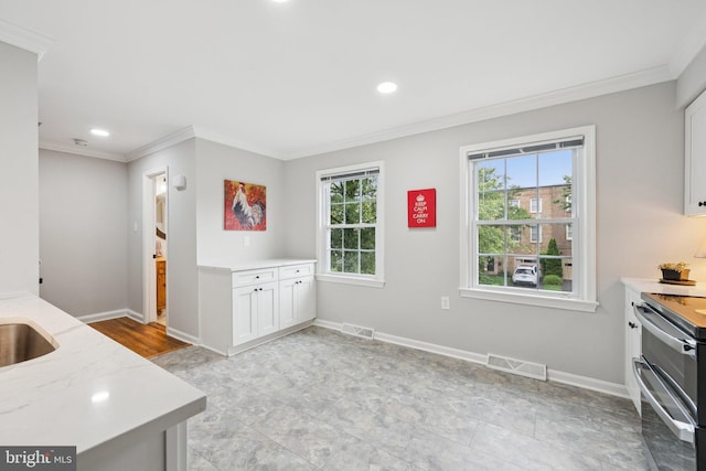 121 Harrison St NE, Leesburg, VA 20176 - kitchen featuring range with two ovens, crown molding, white cabinets, recessed lighting, and light stone countertops