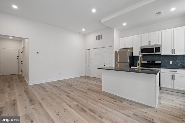 1805 Chestnut St, Philadelphia, PA 19103 - kitchen with appliances with stainless steel finishes, dark countertops, tasteful backsplash, white cabinets, and recessed lighting