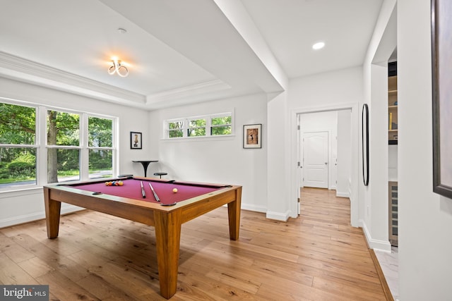 1227 Cross Rd, Annapolis, MD 21403 - rec room with pool table, light wood-style flooring, a raised ceiling, recessed lighting, and ornamental molding