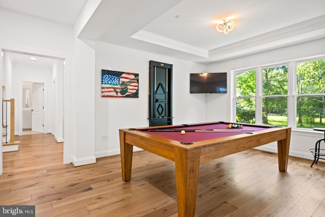 1227 Cross Rd, Annapolis, MD 21403 - recreation room with billiards table, a tray ceiling, plenty of natural light, light wood finished floors, and ornamental molding