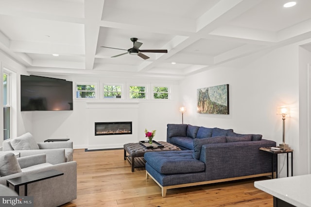 1227 Cross Rd, Annapolis, MD 21403 - living room featuring ceiling fan, beam ceiling, a glass covered fireplace, light wood finished floors, and coffered ceiling