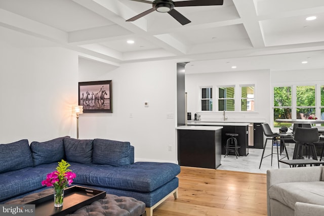 1227 Cross Rd, Annapolis, MD 21403 - living area featuring coffered ceiling, light wood-style flooring, a ceiling fan, recessed lighting, and beamed ceiling