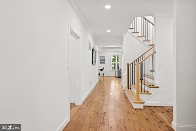 1227 Cross Rd, Annapolis, MD 21403 - entryway with light wood-style floors, stairway, ornamental molding, and recessed lighting
