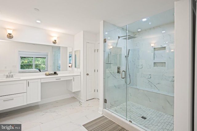 1227 Cross Rd, Annapolis, MD 21403 - full bath featuring vanity, a marble finish shower, marble finish floors, and recessed lighting