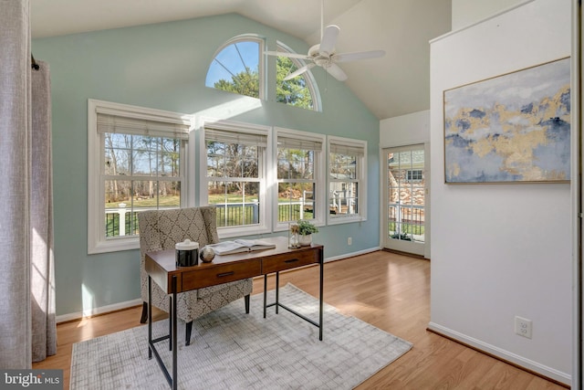 10828 Moore Dr, Manassas, VA 20111 - office featuring a ceiling fan, plenty of natural light, high vaulted ceiling, and wood finished floors