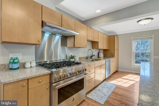 10828 Moore Dr, Manassas, VA 20111 - kitchen with appliances with stainless steel finishes, under cabinet range hood, light wood-style floors, light brown cabinetry, and ornamental molding
