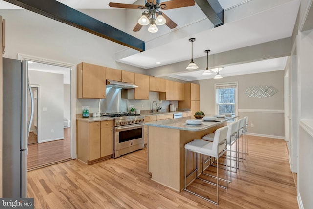 10828 Moore Dr, Manassas, VA 20111 - kitchen with stainless steel appliances, under cabinet range hood, light brown cabinetry, a ceiling fan, and light wood-style floors