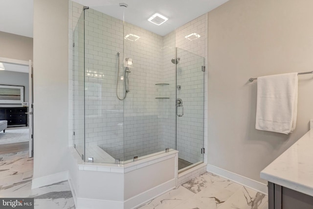 40928 Arcadian Pond Ct, Aldie, VA 20105 - full bathroom with marble finish floors, vanity, and a stall shower
