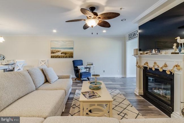 9707 Village Ln Unit 9704-4, Ocean City, MD 21842 - living area featuring ceiling fan, crown molding, recessed lighting, a fireplace with flush hearth, and wood finished floors
