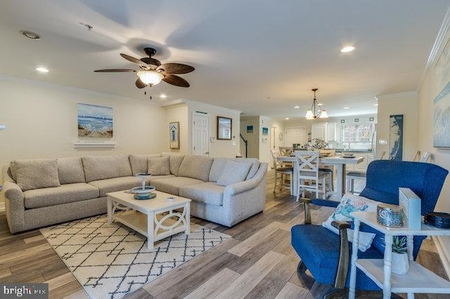 9707 Village Ln Unit 9704-4, Ocean City, MD 21842 - living area featuring ornamental molding, a chandelier, ceiling fan, light wood-type flooring, and recessed lighting