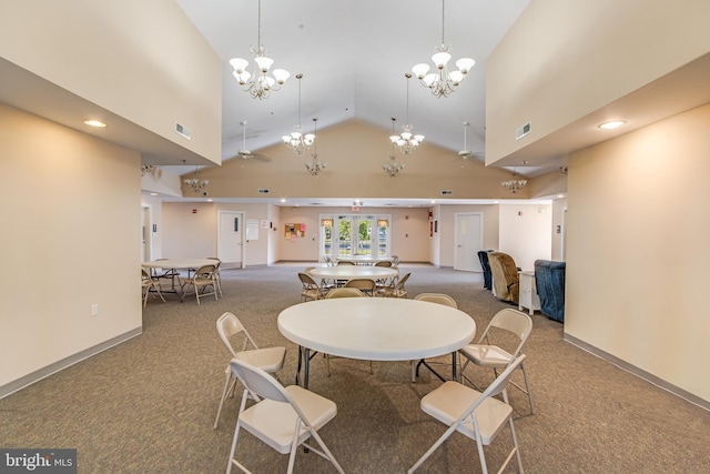 9707 Village Ln Unit 9704-4, Ocean City, MD 21842 - dining area featuring carpet floors, a chandelier, high vaulted ceiling, and recessed lighting