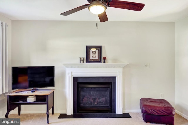 64 S 3rd St, New Freedom, PA 17349 - detailed view of ceiling fan, carpet flooring, and a fireplace with flush hearth