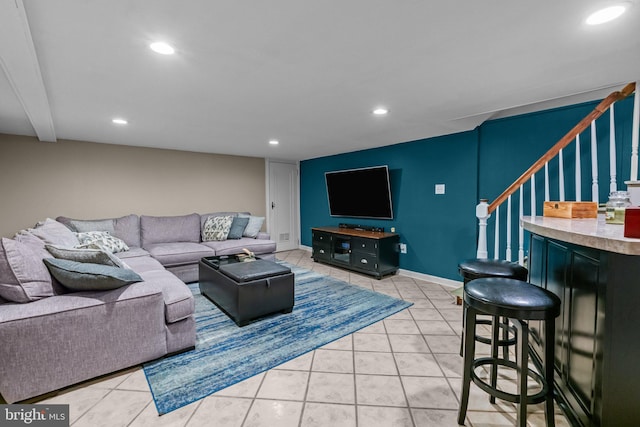613 Arbor Rd, Cheltenham, PA 19012 - living room with recessed lighting, light tile patterned floors, and stairway