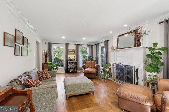 1118 Dorset Dr, West Chester, PA 19382 - living area with crown molding, light wood-type flooring, a fireplace, and recessed lighting