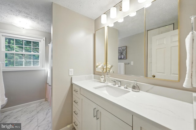 6 Ivywood Ct, Silver Spring, MD 20904 - full bathroom featuring vanity, a textured ceiling, marble finish floors, and a shower with shower curtain