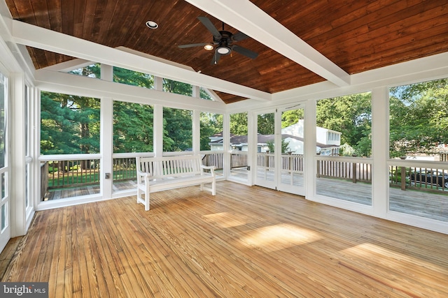 6 Ivywood Ct, Silver Spring, MD 20904 - unfurnished sunroom with a wooden deck, ceiling fan, wooden ceiling, wood-type flooring, and healthy amount of natural light