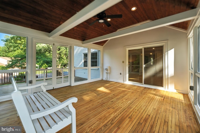 6 Ivywood Ct, Silver Spring, MD 20904 - unfurnished sunroom with wood ceiling, wood-type flooring, a deck, and recessed lighting