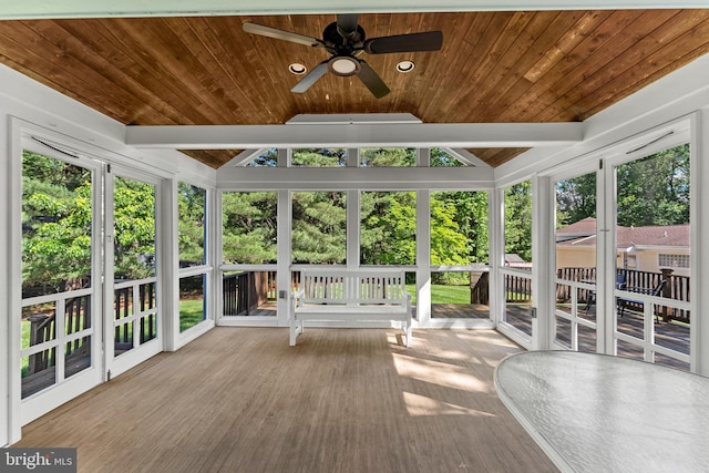 6 Ivywood Ct, Silver Spring, MD 20904 - unfurnished sunroom featuring wood ceiling, a wooden deck, a ceiling fan, wood finished floors, and vaulted ceiling