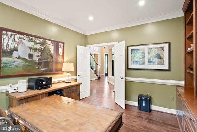 10915 Lamplighter Ln, Potomac, MD 20854 - office area featuring ornamental molding, dark wood finished floors, and recessed lighting