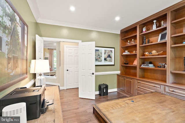 10915 Lamplighter Ln, Potomac, MD 20854 - office featuring crown molding, wood finished floors, and recessed lighting