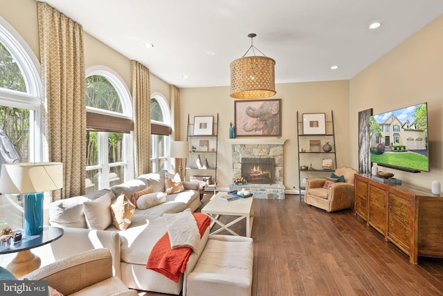 10915 Lamplighter Ln, Potomac, MD 20854 - living room with dark wood-type flooring, a fireplace, and recessed lighting