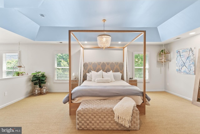 10915 Lamplighter Ln, Potomac, MD 20854 - bedroom with a raised ceiling, carpet, a chandelier, and recessed lighting