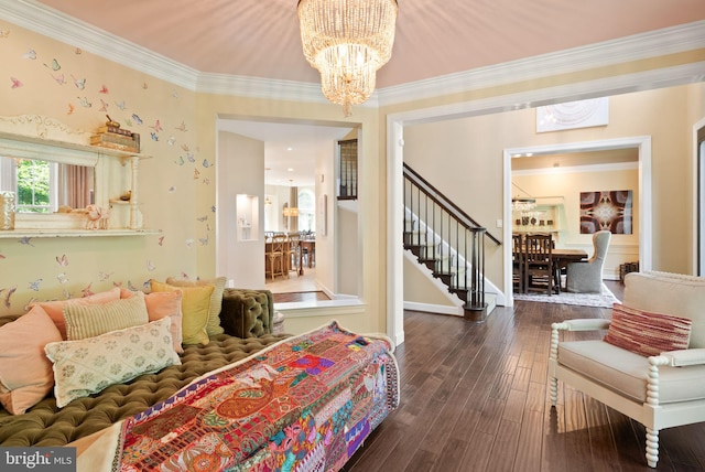 10915 Lamplighter Ln, Potomac, MD 20854 - living area with a chandelier, stairs, crown molding, and dark wood-style flooring