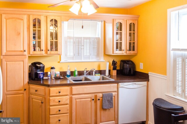 556 Hillcrest Rd, York, PA 17403 - kitchen featuring dishwasher, light brown cabinets, a wainscoted wall, dark countertops, and healthy amount of natural light