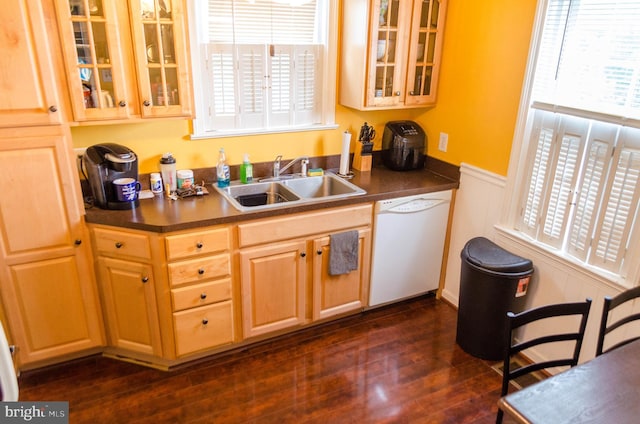 556 Hillcrest Rd, York, PA 17403 - kitchen with dishwasher, dark wood finished floors, a wainscoted wall, dark countertops, and glass insert cabinets