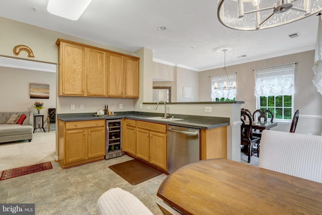 20810 Noble Ter Unit 104, Sterling, VA 20165 - kitchen with a chandelier, beverage cooler, stainless steel dishwasher, ornamental molding, and dark countertops